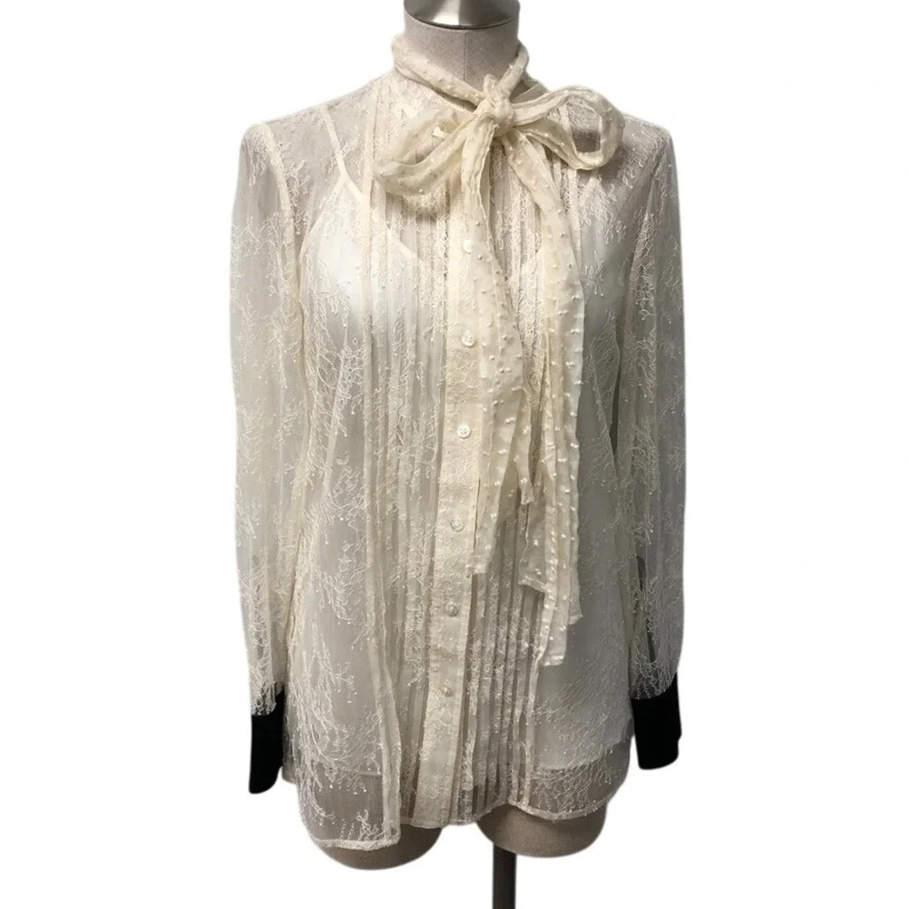 Tory Burch Lace Blouse Womens 8 Ivory Pussy Bow Sheer Pleated Contrast Cuff